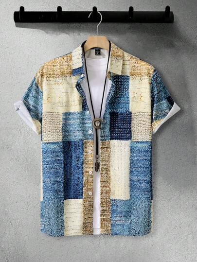 Manfinity Homme Men's Patchwork Printed Graphic Colorful Casual Short Sleeve Shirt, For Boyfriend Gift