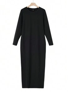 SHEIN BASICS Casual Solid Color Knit Round Neck Long Sleeve Slim Fit Plus Size Long Dress, Cozy Chic, Daily Commute, Warm Comfort - Black - View 7