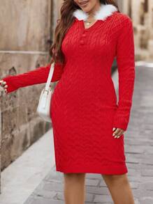 SHEIN LUNE Plus Size Women Red Twisted Rope White Hood Collar Knit Dress, Christmas Holiday Sweater Dress, Winter
