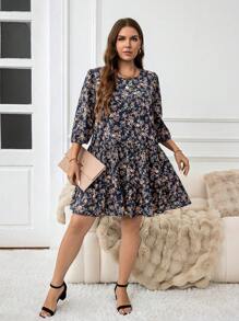 SHEIN LUNE Vestido midi de talla grande con estampado floral menudo, vestido corto casual con mangas de obispo, atuendo de Acción de Gracias y Año Nuevo para mujeres