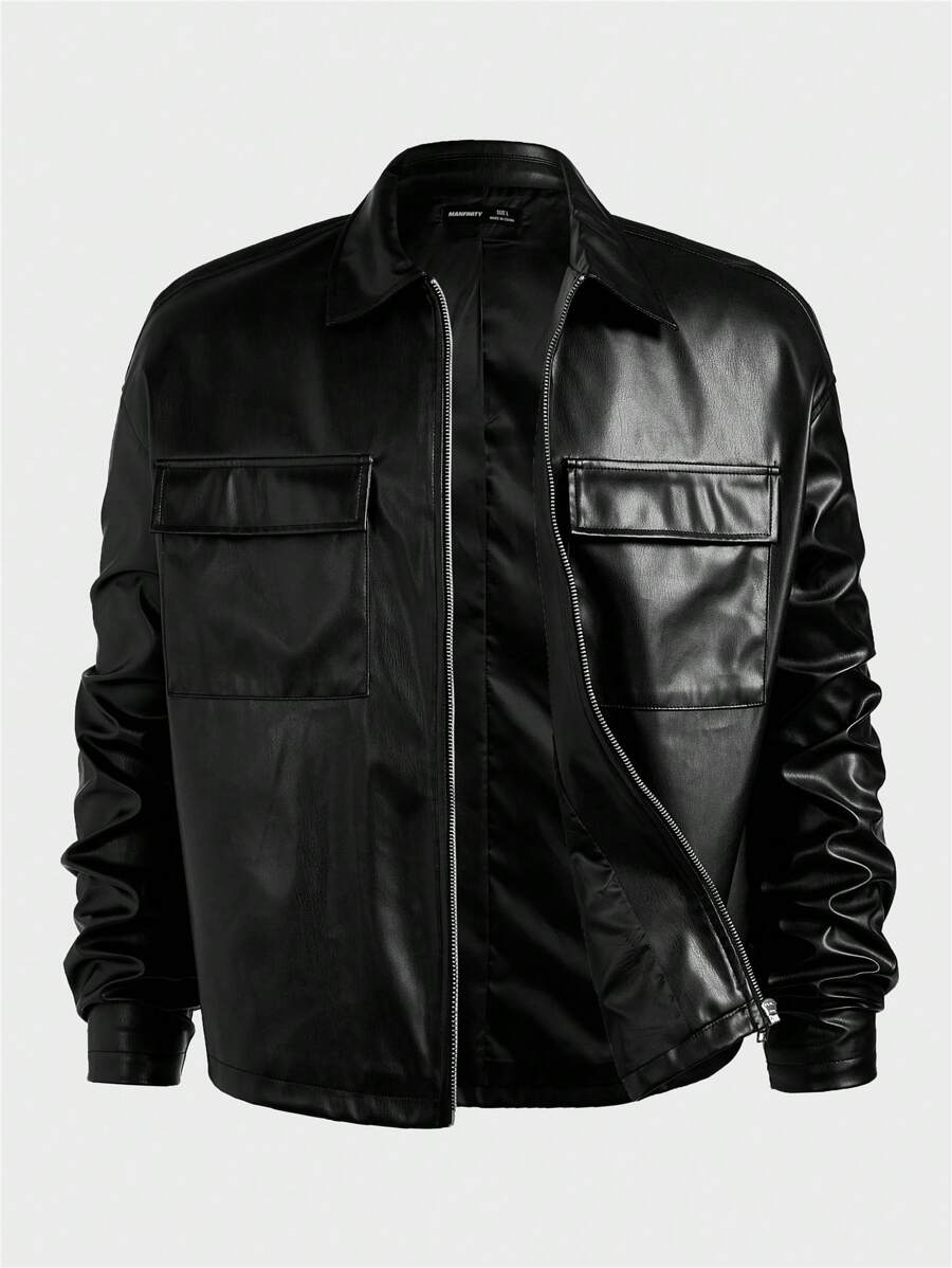 Manfinity VCAY 男士休闲时尚全拉链口袋 PU 皮革宽松编织长袖夹克，街头风格，适合秋冬送给朋友/丈夫的礼物