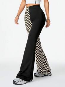 SHEIN EZwear Checkerboard Print Street Style Versatile Women Checkered Patchwork Color Block Flared Sports Pants