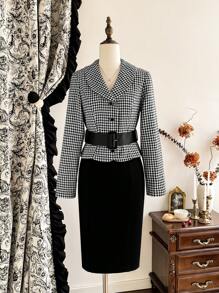 Vintamour 复古优雅女士套装，格纹修身西装外套和吊带铅笔裙，黑色长袖套装（配腰带和缺口领）适合秋冬季 - 黑與白 - 查看 1