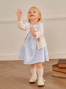 SHEIN 2pcs Baby Girl Toddler 0-3Y Elegant Cute Princess/Lady European Style Royal Member Ditsy Floral Ruffled Dress & Striped Knitted Cardigan 2pcs Outfit, Blue & White Fresh Set - Blue - View 5