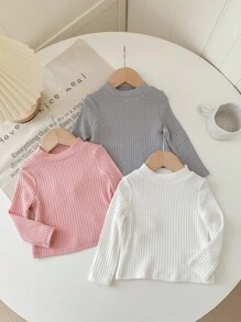 SHEIN LMoss Kids LMoss 3 件套女婴可爱纯色弹力针织长袖内衣，秋冬款 - 彩色 - 查看 3