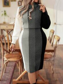 Calvaya Plus Size Herfst/Winter Casual Color Blocking Gestreepte Bodycon Sweaterjurk