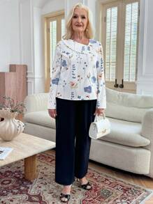 EMERY ROSE Women Floral Print Small Lapel Long Sleeve Shirt (Asymmetric Pattern)