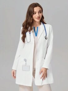 TaskEZ Women's V-Neck Long Sleeve Double Pocket Long White Coat Nurse/Doctor Work Uniform Autumn And Winter Ladies Outerwear, Health Check Surgical Gown Uniforms Women Solid Color Pet Grooming Work Uniform Tops Nutritionist Work Clothes Short Sleeve Laboratory Work Clothes, Multi-Pocket Functional Work Clothes, Functional Women's Clothing Can Be Worn On Christmas, Women's Fashion Coat, Front Placket Button Design Fashionable And Easy To Put On And Take Off