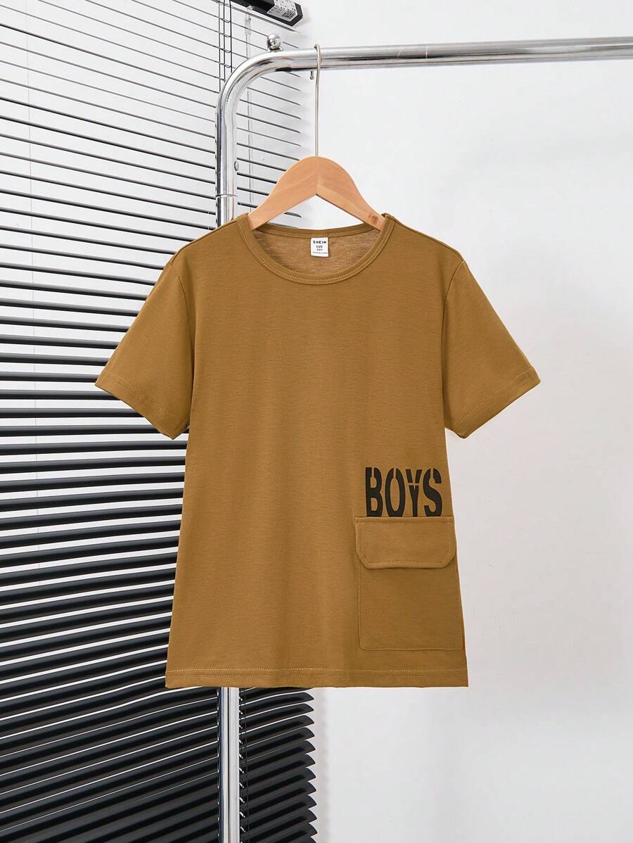 SHEIN Tween Boy Letter Graphic Flap Pocket Tee - Brown - View 1