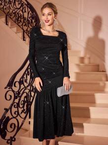Vintamour Vintage Elegant Women Sequin Glitter Knitted Elastic Square Collar Long Sleeve Ruched Patchwork Asymmetrical Hem Bodycon Black Autumn Dinner Dress - Black - View 5