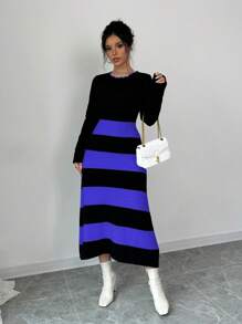 Elenzga Women's Simple Striped Color Blocking Sweater Dress Fall Cloth For Women - Blue - View 4