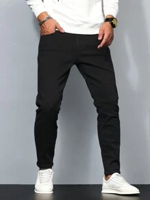Manfinity Homme Plus Size Men Fashion Casual Versatile Slant Pocket Denim Jeans, Slim Fit Dark Jeans Long Plain Black Washed Cargo Jeans, For Husband, Boyfriend Gifts
