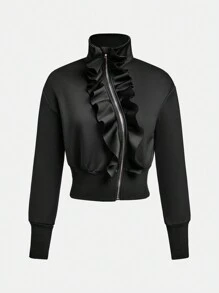 Teen Girls Elegant Ruffled Asymmetric Hem Short Jacket - Black - View 1