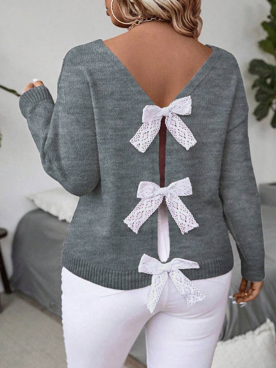 Celure 大码女式蝴蝶结装饰落肩长袖套头衫，秋冬款