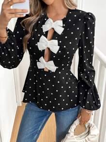 SHEIN Frenchy Women's Bow Decor Simple Long Sleeve Polka Dot Shirt, Casual Everyday Wear,Women Costumes,Women's Casual Long Sleeve With Front Bow,Women Costumes,Fall,Commute,Minimalist,Office,Old Money