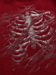 ROMWE Grunge Punk Áo thun bó sát phong cách Dark Punk Wasteland hiệu ứng rách rách tối giản phù hợp cho nữ - Đỏ - Xem 3