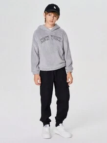 SHEIN Leap Crew Tween Boy Letter Embroidery Drop Shoulder Teddy Hoodie,In Fall/Winter - Grey - View 2