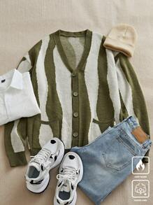 Manfinity Hypemode Cárdigan de punto de manga larga informal con estampado de rayas para hombre