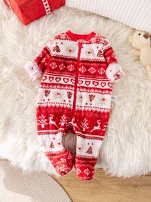 SHEIN Newborn Baby Boy Christmas Cute Bear, Christmas Tree, Heart Pattern Soft Comfortable Thermal Lined Zip-Up Jumpsuit, Warm Sleepwear - Red and White - View 3