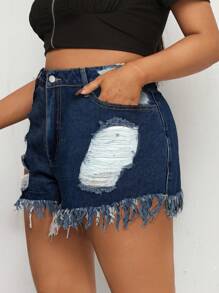 SHEIN Essnce Plus Size Summer Casual Distressed Frayed Hem Denim Shorts, Washed - Dark Wash - View 5