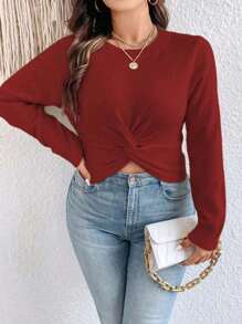 SHEIN Clasi بلوزة تريكو كاجوال بياقة مكشوفة مقصرة مع ثني لطيف، لون المشمش، مقاس كبير للنساء، موسم الخريف/الشتاء