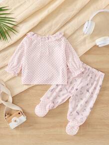 SHEIN 2pcs Baby Girls Polka Dot Animal Print Long Sleeve Top And Footed Pants Pajama Set - Pink - View 2