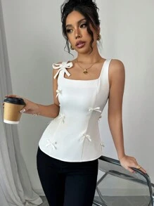 Elenzga 蝴蝶结装饰修身款前拉链背心 - 奶油色 - 查看 6