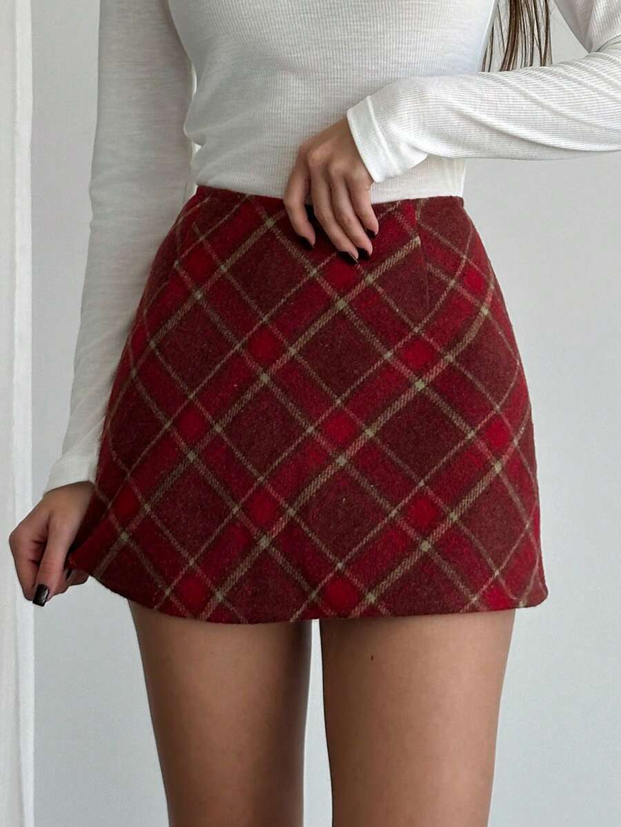 Aloruh Falda de línea A versátil a juego con todo de cuadros rojos de Navidad/Halloween para mujer, otoño/invierno - Rojo - Ver 1