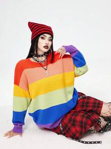 Whyspr Plus Size Goth Punk Dark Punk Goth Style Ombre Rainbow Sweater Pullover Knit Pullover Fall Winter - Multicolor - View 2