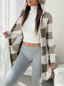 SHEIN EZwear Plaid & Fluffy Trim Zip Front Hoodie Jacket, Ladies Casual