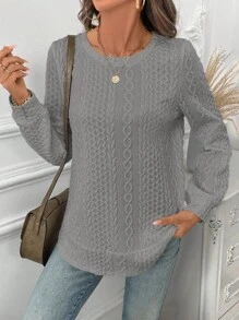 SHEIN LUNE 女式不对称下摆双层纹理休闲优雅运动舒适保暖内衣运动衫，秋冬 - 灰色 - 查看 6