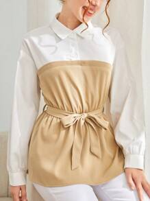 SHEIN Teen Girl Autumn And Winter/Elegant Commuting/White Khaki Contrast Stitching Woven Long-Sleeved Waist Shirt - Camel - View 6