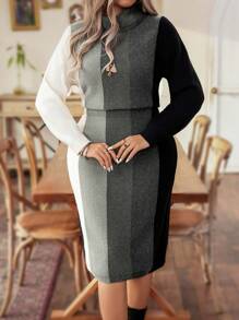 Calvaya Plus Size Herfst/Winter Casual Color Blocking Gestreepte Bodycon Sweaterjurk