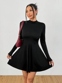 SHEIN PETITE Asymmetrisches geripptes Damenkleid mit kleinem Stehkragen und A-Linie, modischer Grundstil, geeignet für Herbst und Winter - Schwarz - Übersicht 6
