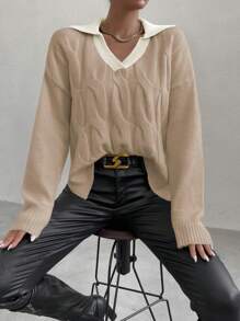 Chiquease 1 件女式纯色撞色袖简约针织套头衫，休闲日常穿着