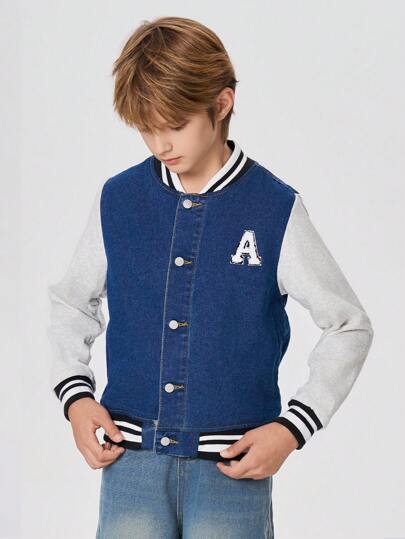 SHEIN 男大童字母拼貼條紋飾邊拼色牛仔校隊夾克（不帶T恤）