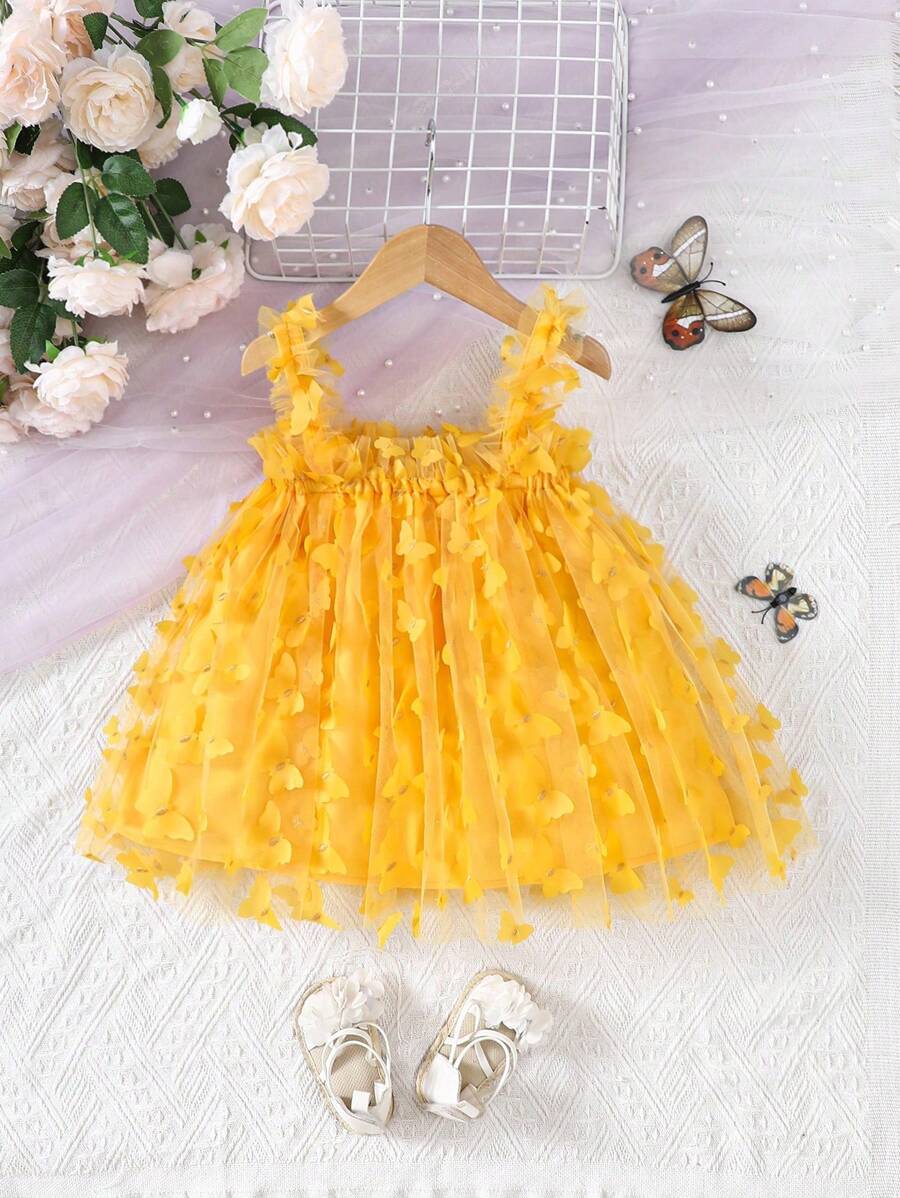 SHEIN Baby Girl's Butterfly Applique Stylish Tiered Dress With Straps - Yellow - View 1