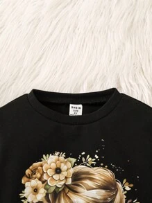 SHEIN Girls Spring Autumn Cute Sweet Literary Style Girl Princess Floral Print Long Sleeve Crew Neck Sweatshirt, Suitable For Casual Daily Outfit And Back To School - Black - View 6