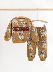 SHEIN Baby Boy Outfit With A Lion Print Pattern Round Neck Long Sleeve Sweatshirt And Sweatpants - Multicolor - View 3