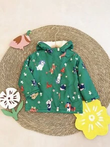 SHEIN Sudadera con capucha informal de niña joven con estampado de perro y cremallera, cálida para otoño/invierno - Verde - Ver 3