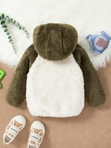 SHEIN Baby Boy Contrast Color Patchwork Hooded Plush Jacket For Winter - Green - View 2
