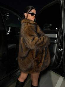 SHEIN SXY Lapel Neck Long Sleeve Open Front Fuzzy Coat For Winter
