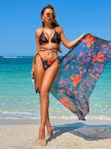 Conjunto de 3 piezas de traje de baño para mujer: traje de baño sexy con estampado de teñido anudado y falda maxi de playa de verano