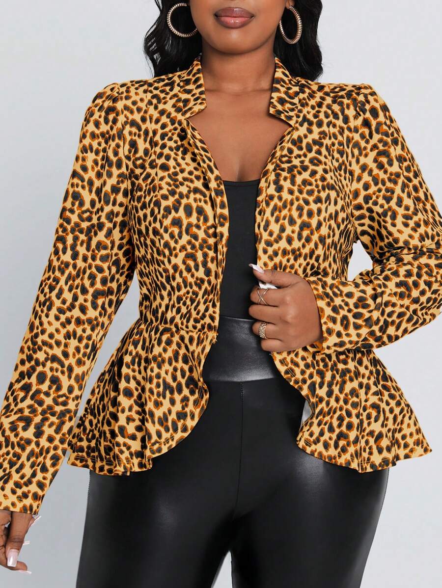 SHEIN Lady Plus Size Women's Casual-Work Leopard Print Gigot Sleeve Blazer With Ruffle Hem Fall Outfits - Brown - View 1