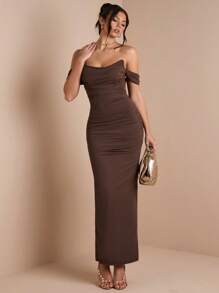 SHEIN BAE Solid Color Khaki Brown Ruched Wrap Dress With Sleeves, Suitable For Layering In Autumn/Winter, Cocktail Party, Romantic Date, Formal Gathering, Wedding Bridesmaid, Evening Out, Halloween, Christmas