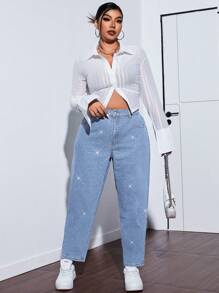 SHEIN EZwear Plus Size Women Pockets Sequin Rhinestone Cone-Shaped Casual Versatile Jeans