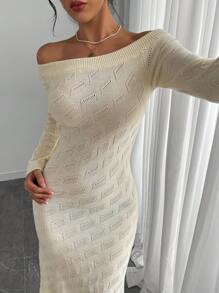 Flirla Sweet Casual Minimalist Versatile Women Apricot Perforated Textured Off Shoulder Long Sleeve Knit Sweater Dress, Autumn/Winter - Apricot - View 2