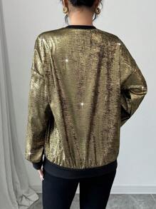 Chiquease 2024秋季新款女士宽松长袖卫衣，金色箔印图案，中长款，适合新年假日派对穿着。 - 金色 - 查看 2