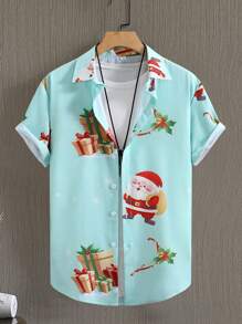 Manfinity Homme Camicia casual a maniche corte con stampa natalizia, di taglia oversize, per uscire