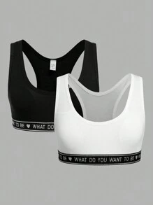 SHEIN 2 件装 Tween 女童简约舒适字母图案加垫无钢圈运动胸罩